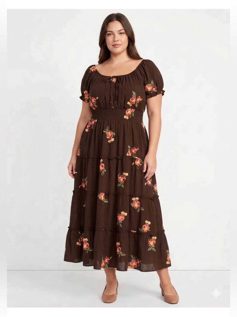 Kindred by Anthropologie Smocked Waist Brown Floral Embroidered Maxi Dress